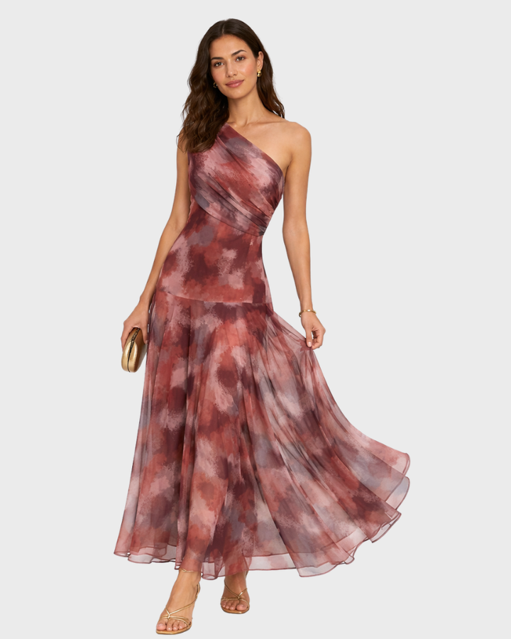 Doreen Robe Maxi Femme Une Épaule Florale – Robe Élégante en Mesh Taille Haute