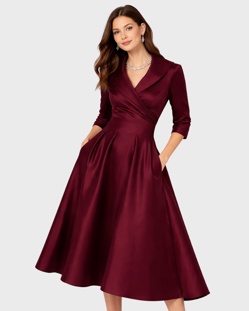 Lyka Dámské Midi Elegantní Šaty – Šaty Fit & Flare s Límcem Šálovým a Kapsami