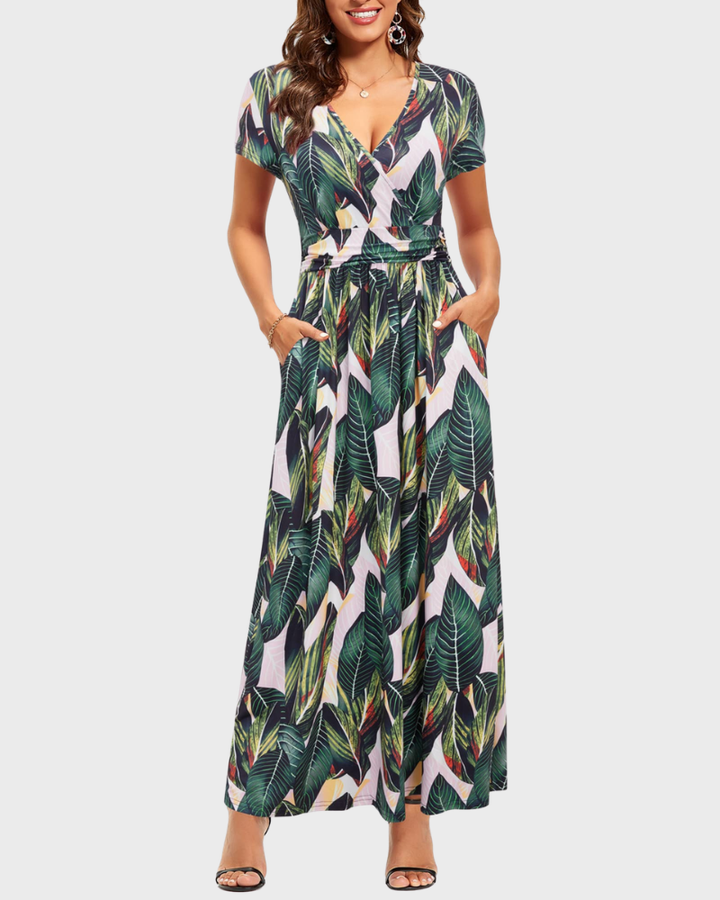 Alessia Maxikleid Damen – V-Ausschnitt, Wickeloptik mit Blumenmuster & Elegante Freizeittaschen