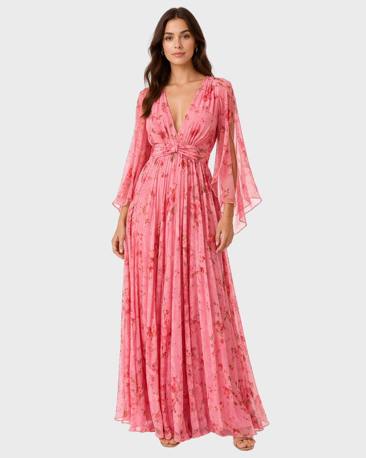 Nadya Abito Donna Maxi Floreale – Vestito Elegante con Maniche Lunghe e Vita Alta