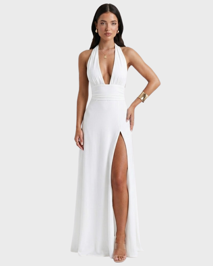 Angel Robe Femme Maxi Élégante – Robe Dos Nu avec Décolleté Plongeant et Fente Haute