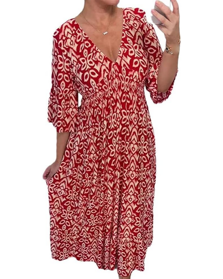 Valentina Φόρεμα Maxi Γυναικείο Curvy – Φλοράλ V-Λαιμόκοψη, Μανίκια 3/4 & Κομψή Γραμμή Α
