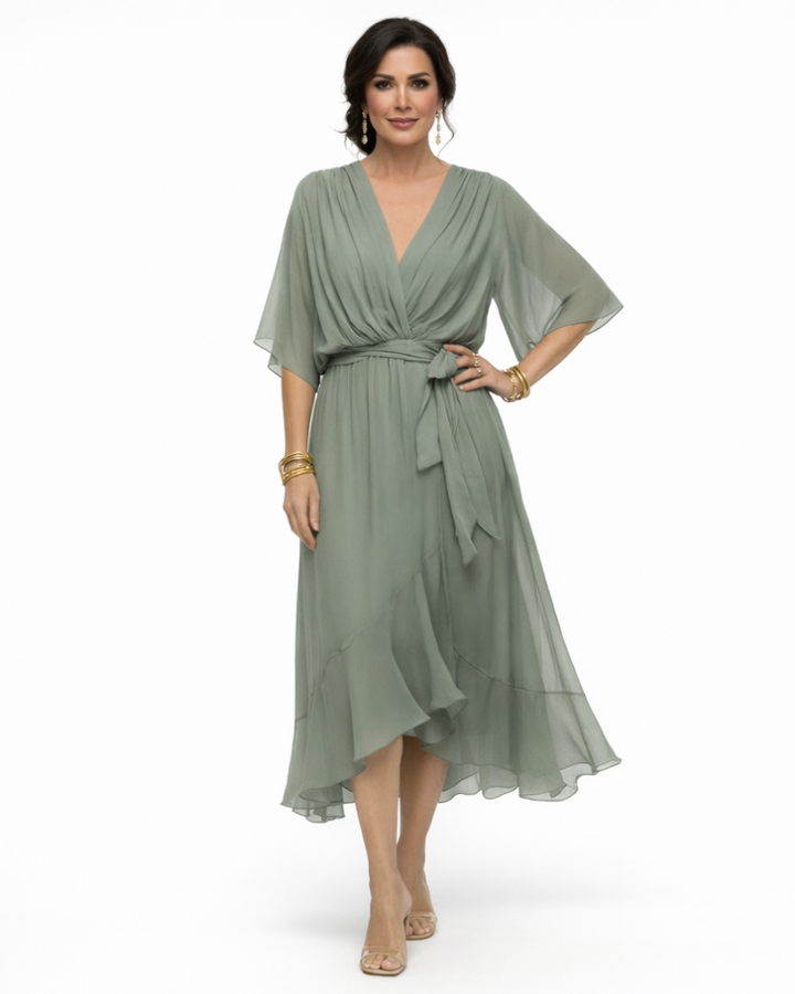 Stella Abito Donna Midi Elegante – Vestito con Scollo a V e Vita Regolabile Fluido