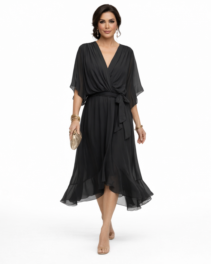 Stella Abito Donna Midi Elegante – Vestito con Scollo a V e Vita Regolabile Fluido