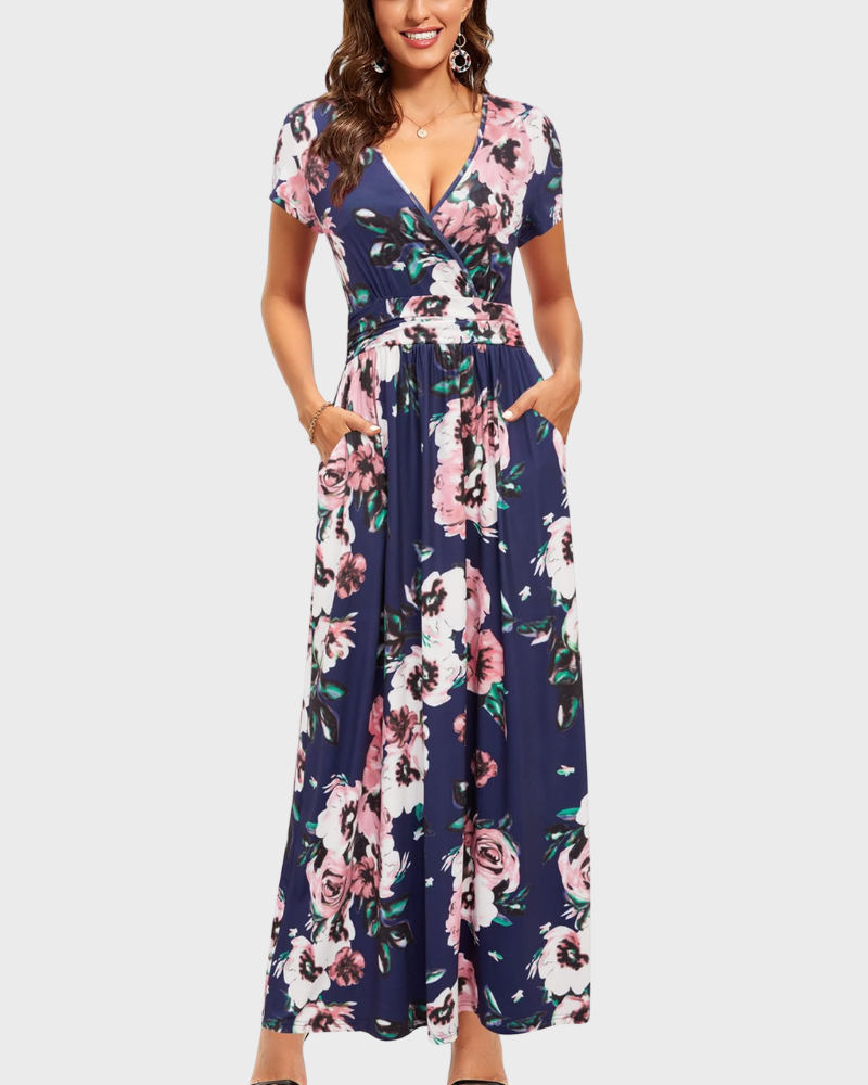 Alessia Maxikleid Damen – V-Ausschnitt, Wickeloptik mit Blumenmuster & Elegante Freizeittaschen