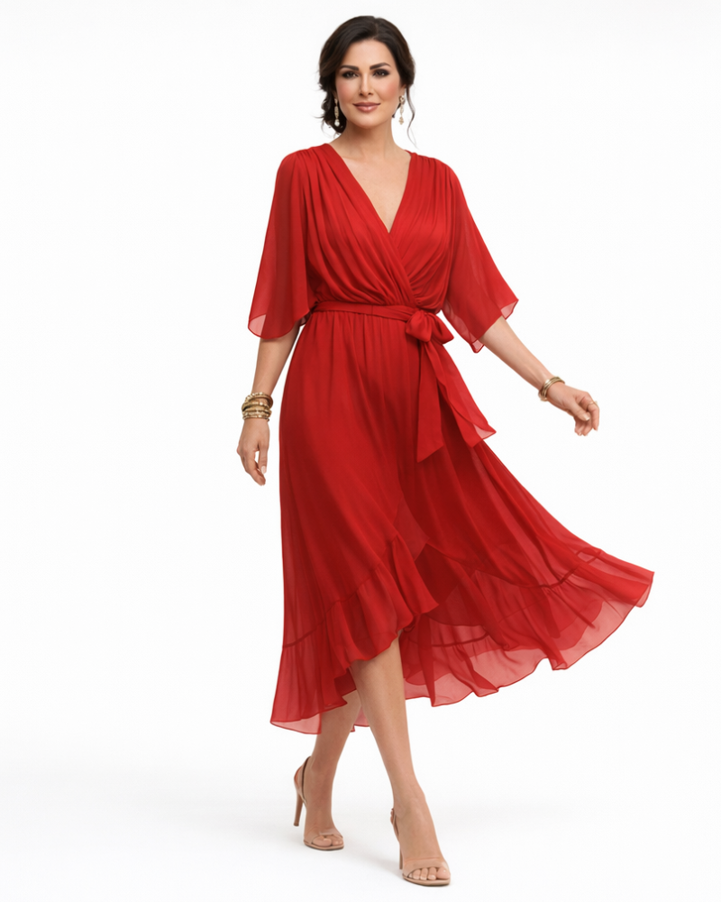 Stella Abito Donna Midi Elegante – Vestito con Scollo a V e Vita Regolabile Fluido