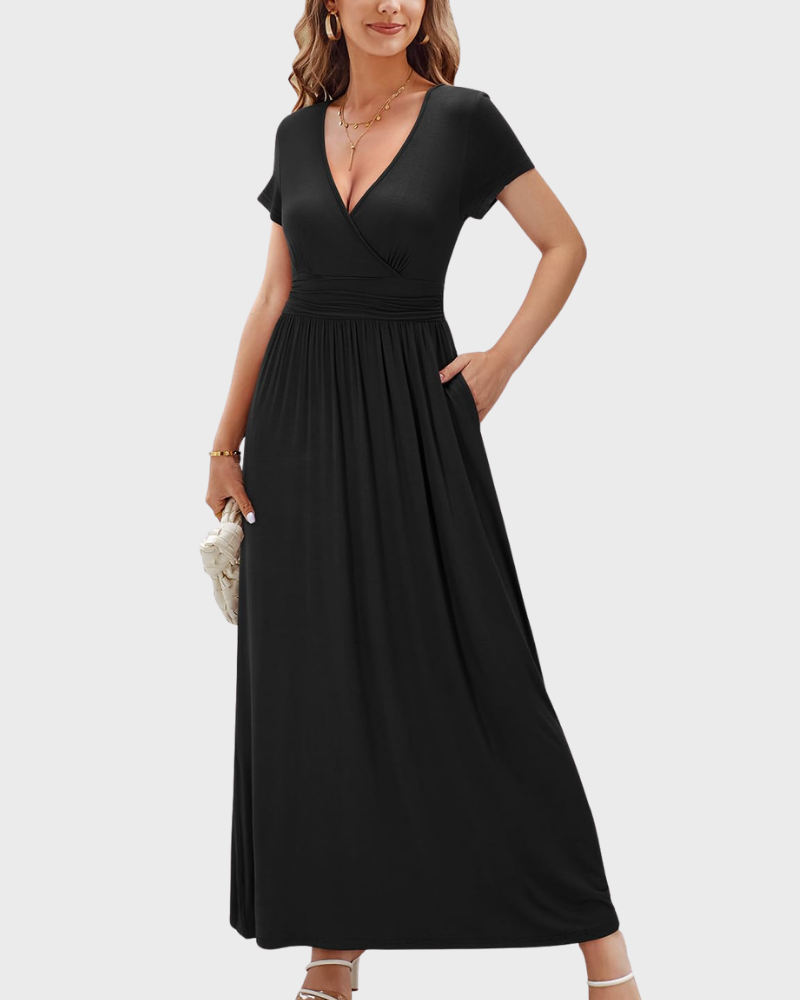 Alessia Maxikleid Damen – V-Ausschnitt, Wickeloptik mit Blumenmuster & Elegante Freizeittaschen