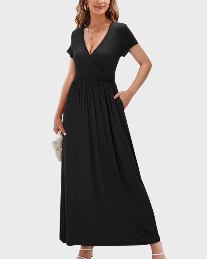 Alessia Maxikleid Damen – V-Ausschnitt, Wickeloptik mit Blumenmuster & Elegante Freizeittaschen