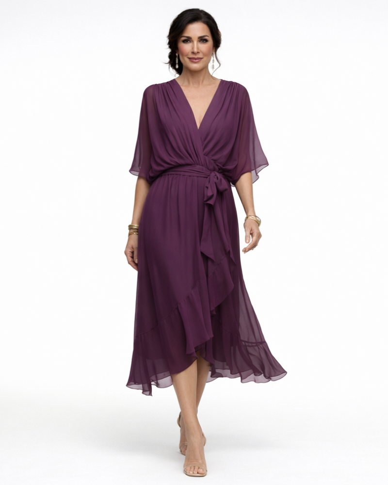 Stella Abito Donna Midi Elegante – Vestito con Scollo a V e Vita Regolabile Fluido