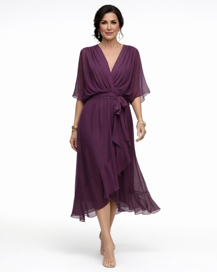 Stella Abito Donna Midi Elegante – Vestito con Scollo a V e Vita Regolabile Fluido