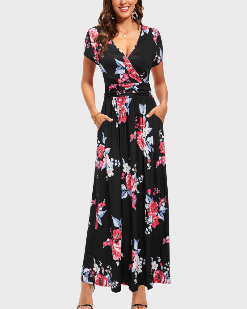 Alessia Maxikleid Damen – V-Ausschnitt, Wickeloptik mit Blumenmuster & Elegante Freizeittaschen