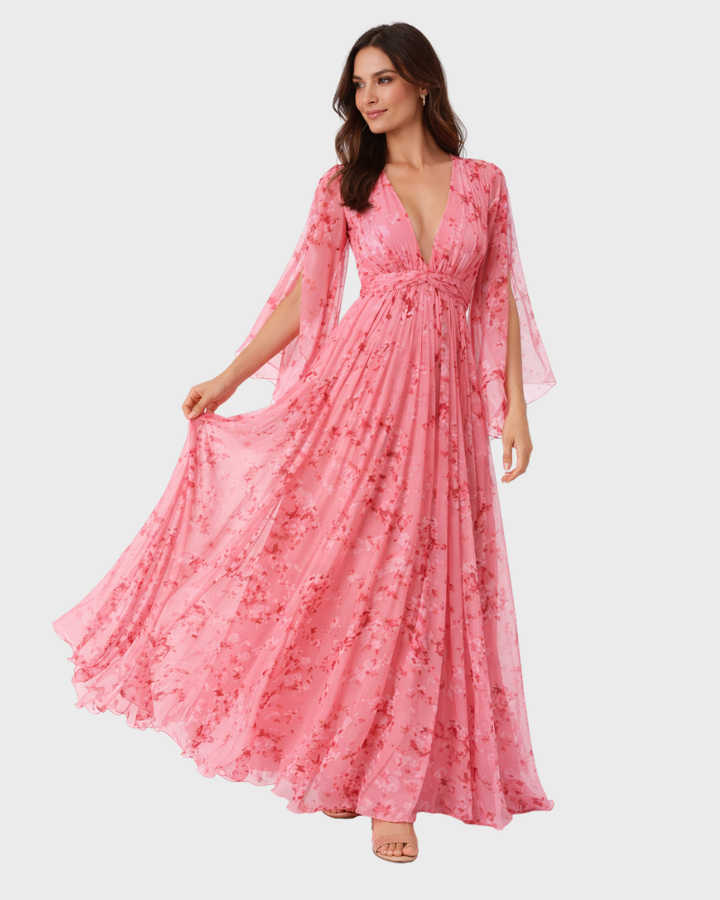 Nadya Abito Donna Maxi Floreale – Vestito Elegante con Maniche Lunghe e Vita Alta