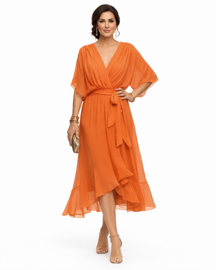 Stella Abito Donna Midi Elegante – Vestito con Scollo a V e Vita Regolabile Fluido