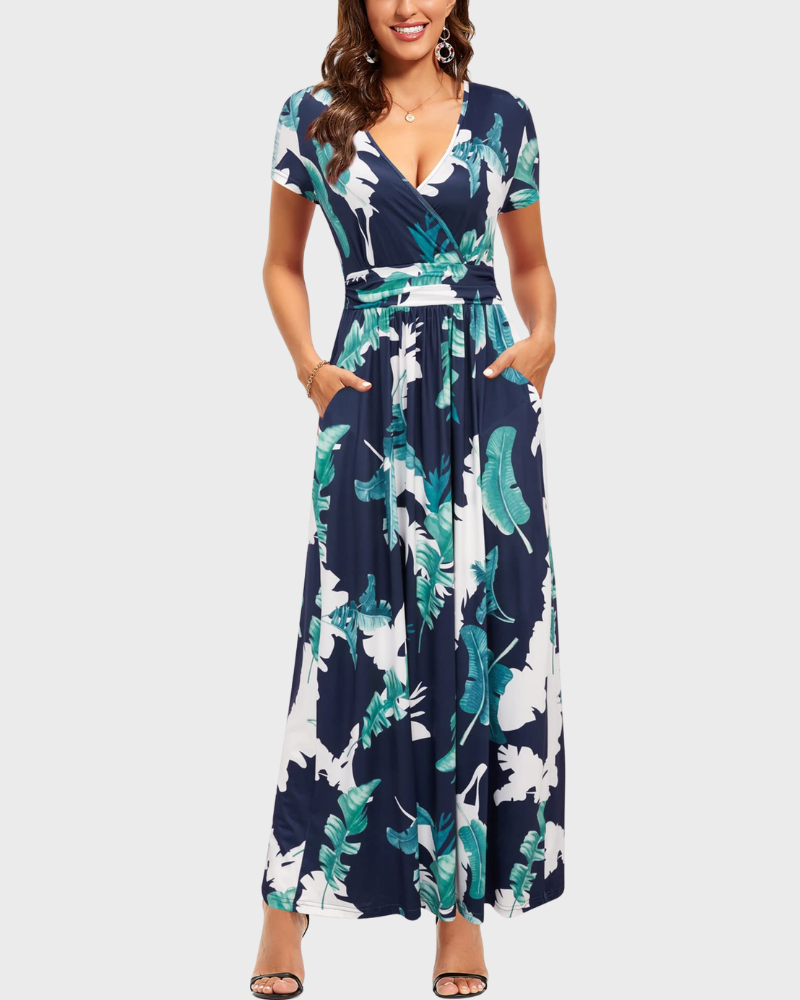 Alessia Maxikleid Damen – V-Ausschnitt, Wickeloptik mit Blumenmuster & Elegante Freizeittaschen