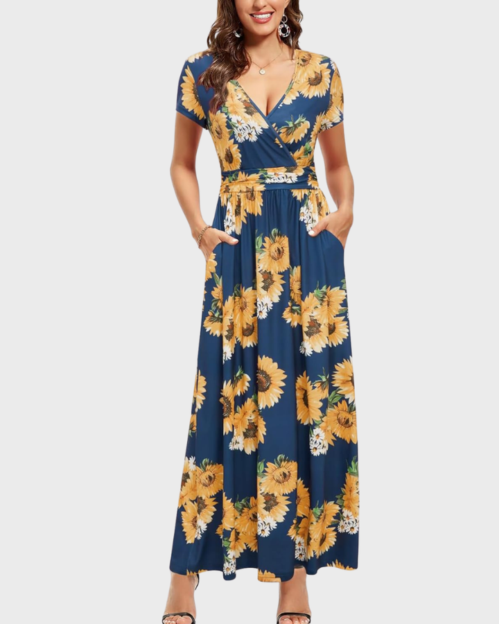 Alessia Maxikleid Damen – V-Ausschnitt, Wickeloptik mit Blumenmuster & Elegante Freizeittaschen