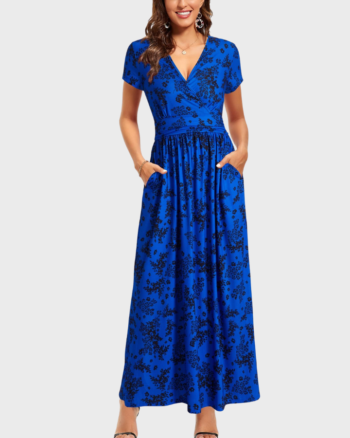 Alessia Maxikleid Damen – V-Ausschnitt, Wickeloptik mit Blumenmuster & Elegante Freizeittaschen