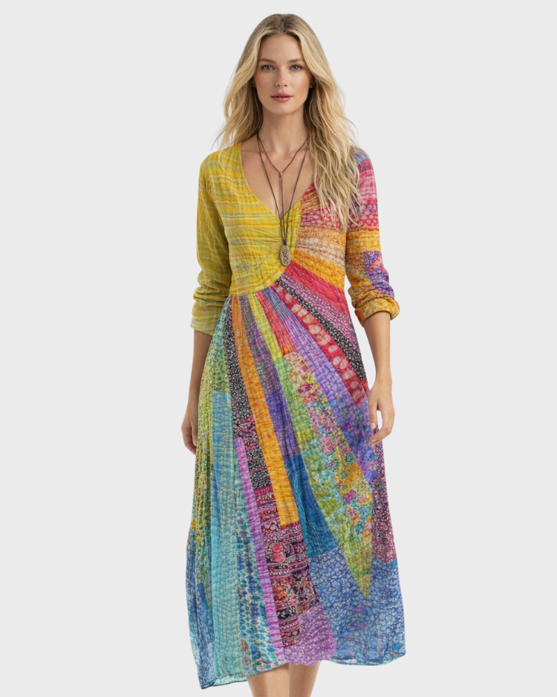 Regina Midi Kjole til Kvinder – Boho Stil, Bomuld-Linned & Elegant V-udskæring