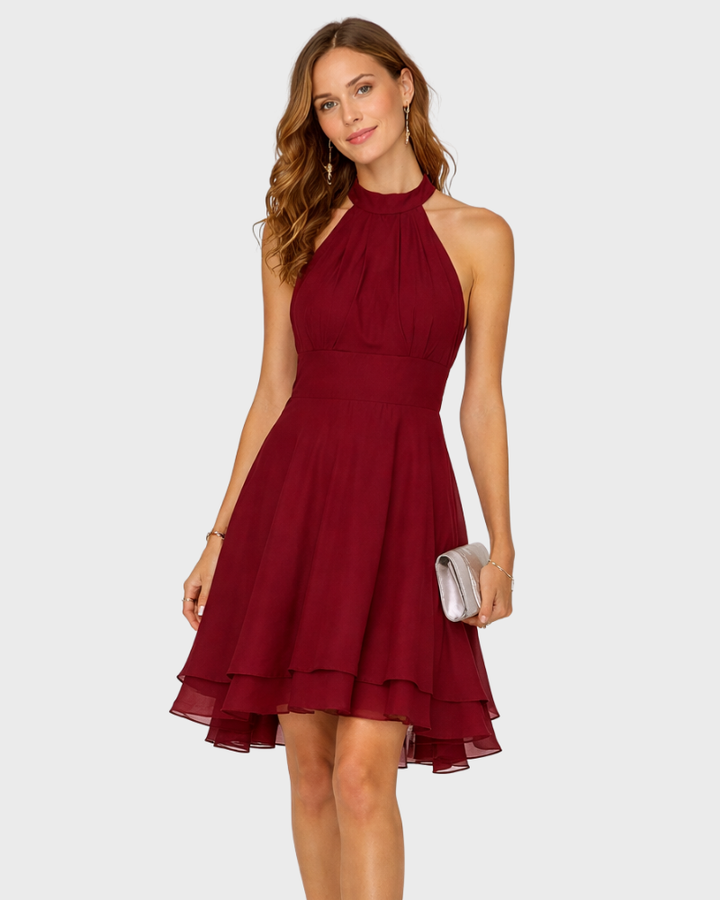 Candy Damen Mini-Halterkleid Elegant – A-Linien-Kleid mit Volants und High-Low-Saum