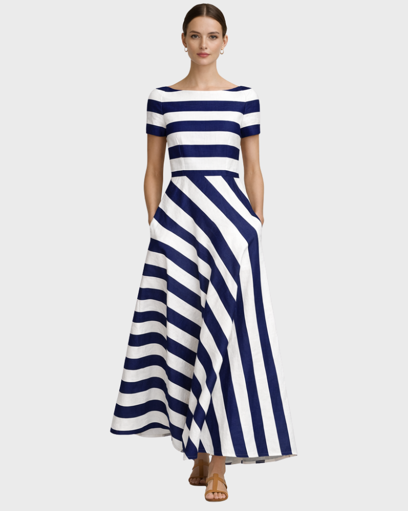 Loras Elegant Women's Striped Dress – Midi Dress with Boat Neck and Pockets