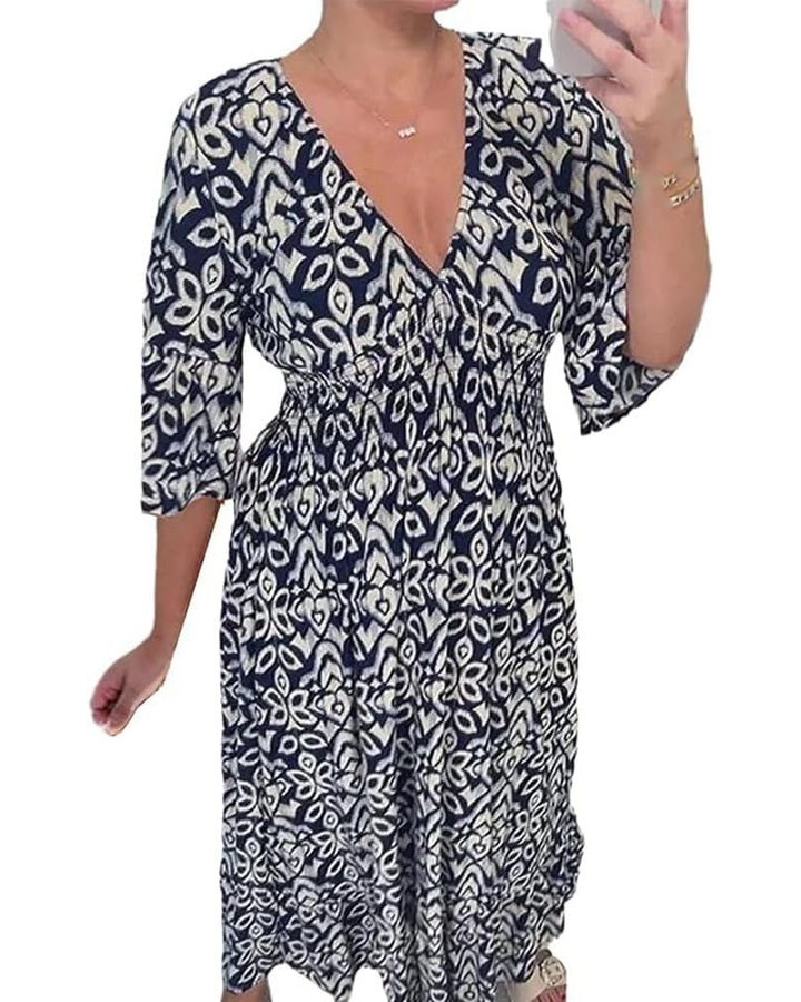 Valentina Φόρεμα Maxi Γυναικείο Curvy – Φλοράλ V-Λαιμόκοψη, Μανίκια 3/4 & Κομψή Γραμμή Α