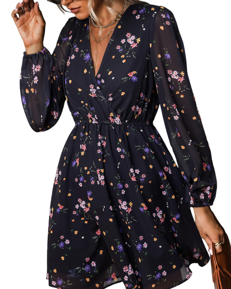 Rona Vestito Mini Dame – Blomsterchiffon, Lange Ærmer & Elegant A-Linje