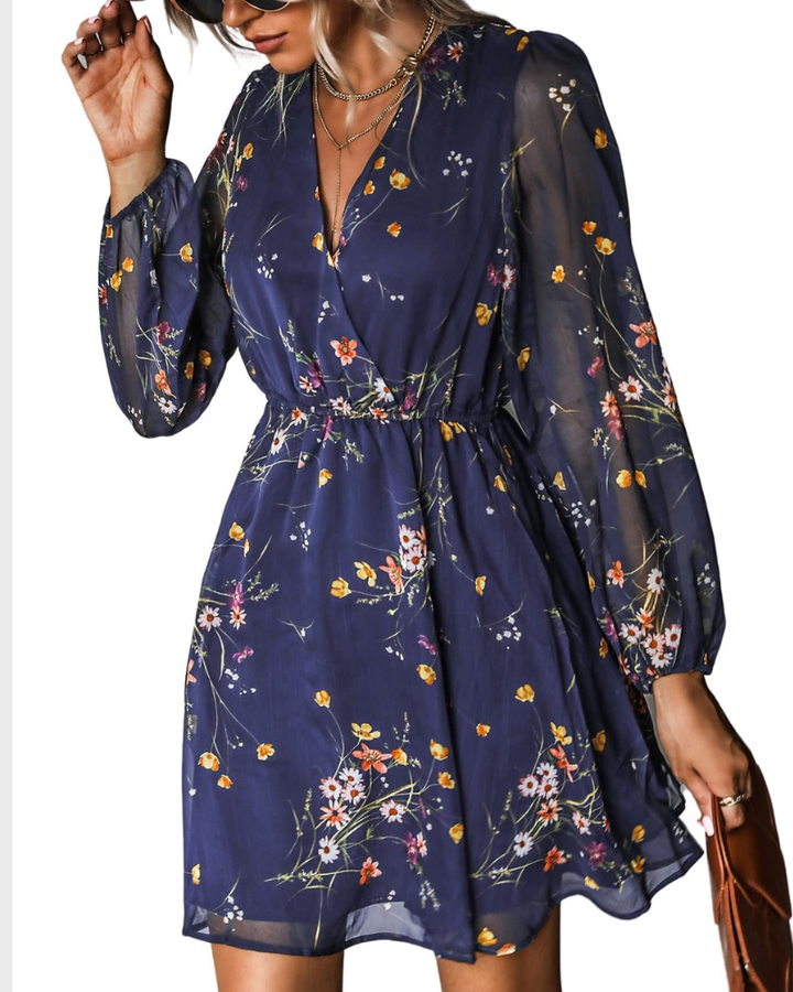 Rona Vestito Mini Dame – Blomsterchiffon, Lange Ærmer & Elegant A-Linje