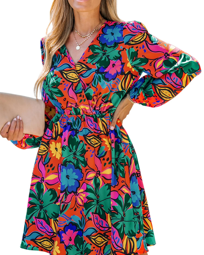 Rona Vestito Mini Dame – Blomsterchiffon, Lange Ærmer & Elegant A-Linje
