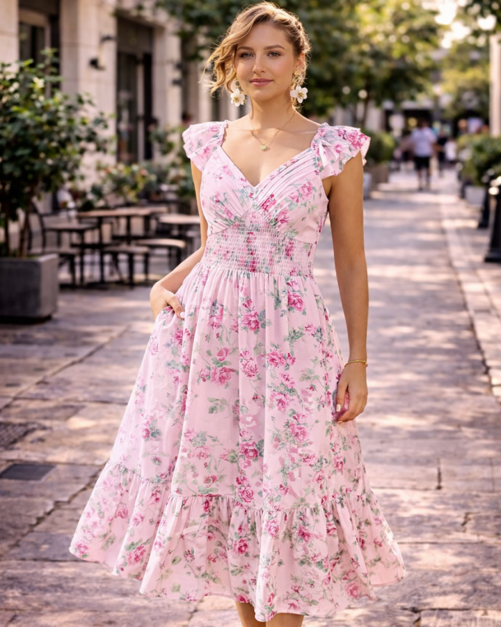 Chiara Maxi Kjole til Kvinder – Blomsterchiffon, V-udskæring & Flæseærmer med Lommer