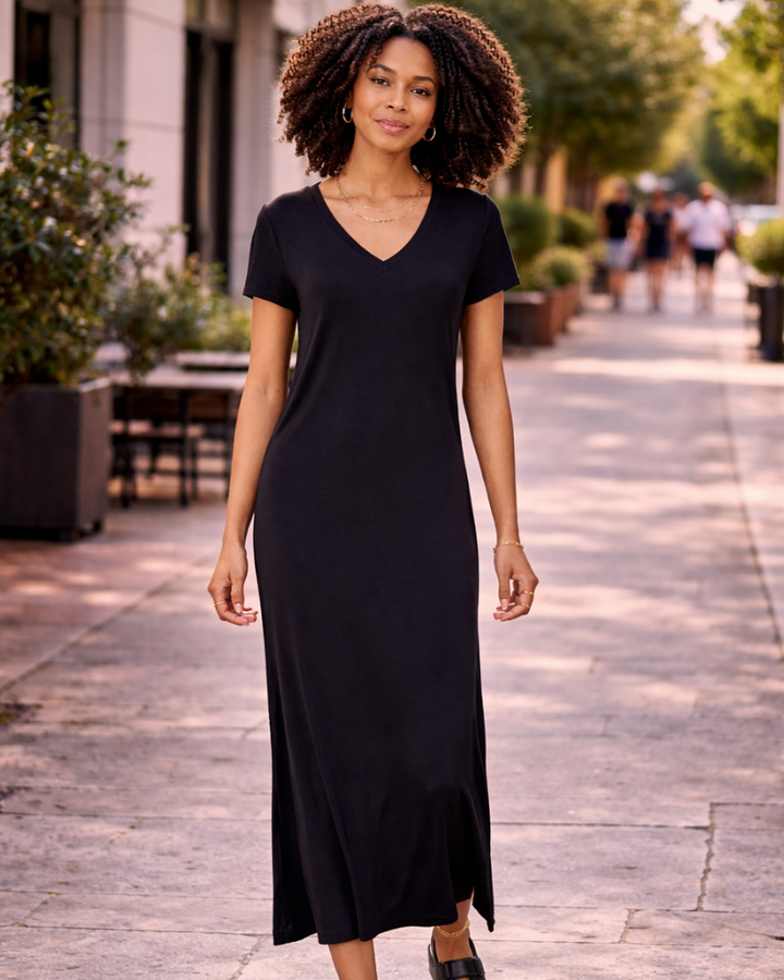 Sofia Vestito Midi Donna – Jersey Viscosa, Scollo a V & T-Shirt Dress con Spacchi