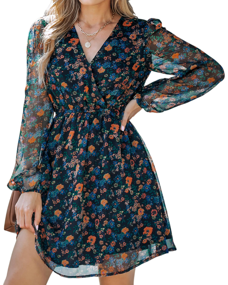 Rona Vestito Mini Dame – Blomsterchiffon, Lange Ærmer & Elegant A-Linje