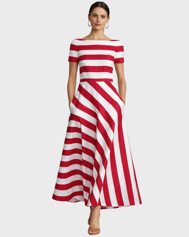 Loras Elegant Women's Striped Dress – Midi Dress with Boat Neck and Pockets