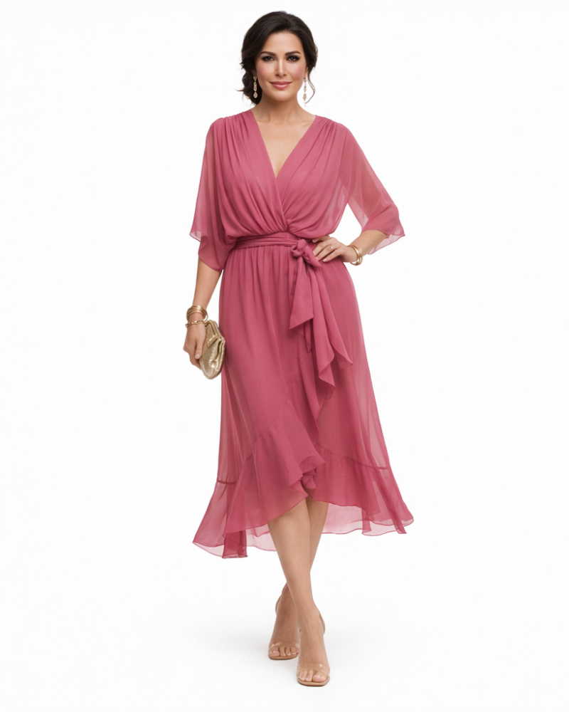 Stella Abito Donna Midi Elegante – Vestito con Scollo a V e Vita Regolabile Fluido