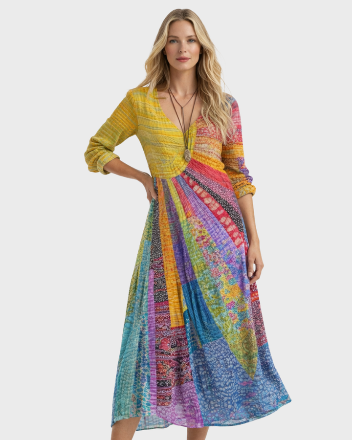 Regina Midi Kjole til Kvinder – Boho Stil, Bomuld-Linned & Elegant V-udskæring