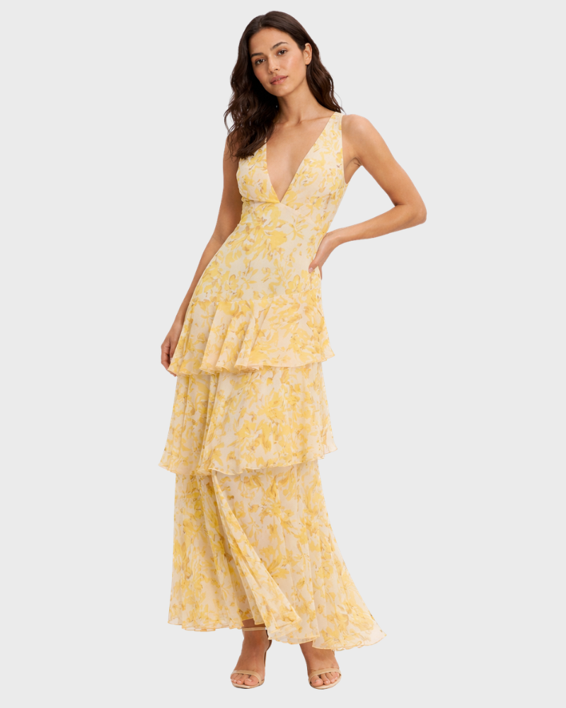 Bella Abito Donna Lungo Elegante – Vestito Fluido con Scollo a V e Gonna a Strati