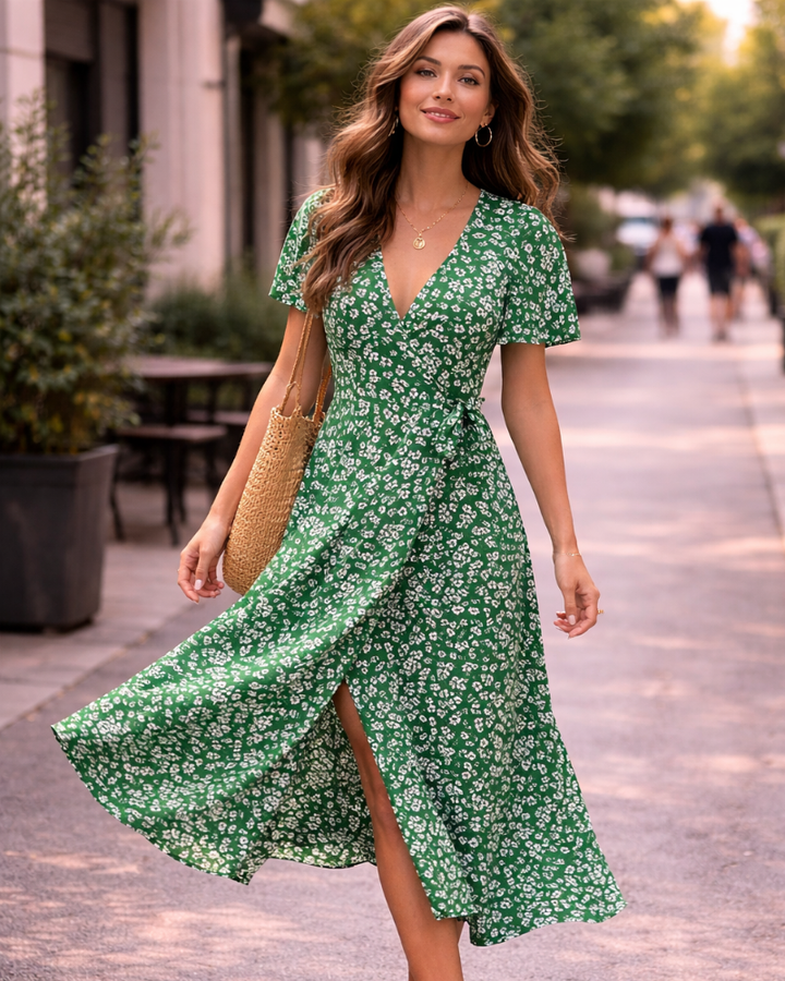 Giulia Midi šaty pro ženy – výstřih do V, květinové zavinovací a elegantní letní áčkové