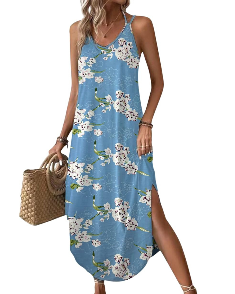 Elena Vestito Maxi Donna – Spalline Sottili, Scollo a V & Oversize con Spacco Estivo