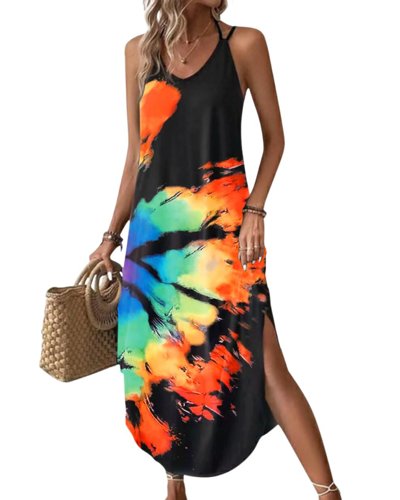 Elena Vestito Maxi Donna – Spalline Sottili, Scollo a V & Oversize con Spacco Estivo