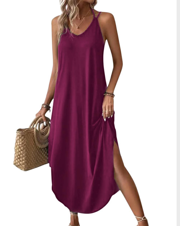 Elena Vestito Maxi Donna – Spalline Sottili, Scollo a V & Oversize con Spacco Estivo