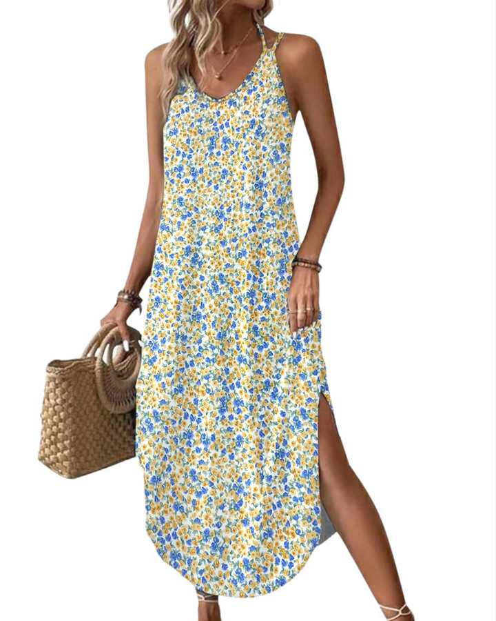 Elena Vestito Maxi Donna – Spalline Sottili, Scollo a V & Oversize con Spacco Estivo
