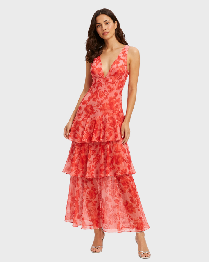 Bella Abito Donna Lungo Elegante – Vestito Fluido con Scollo a V e Gonna a Strati
