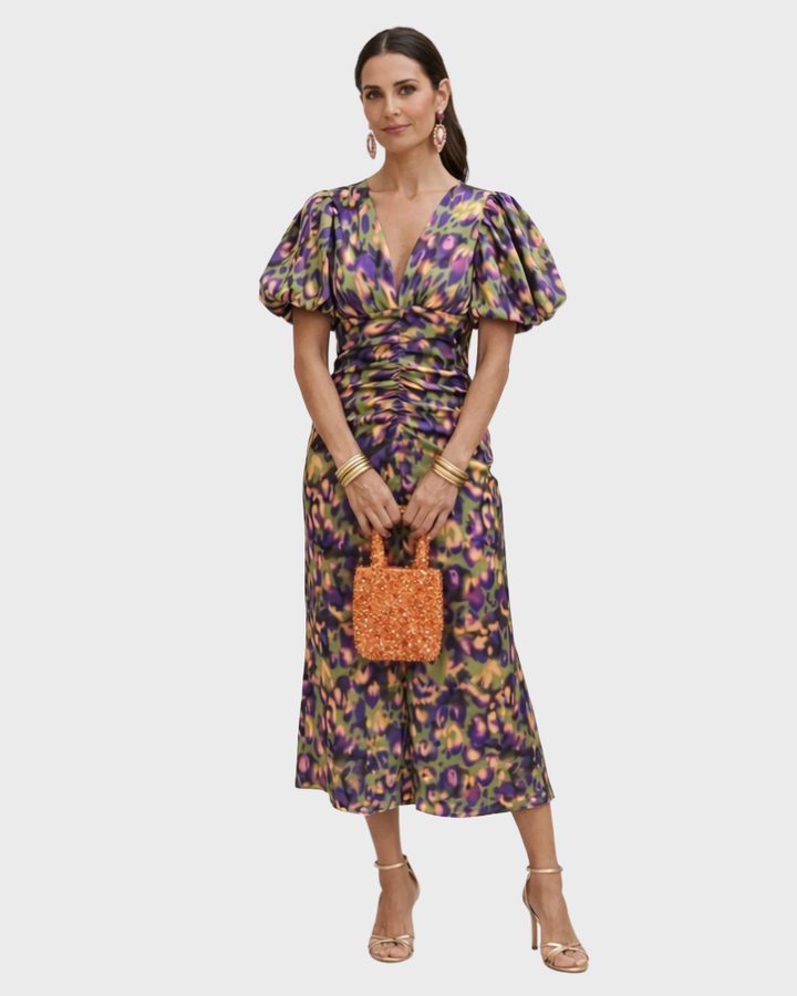 Amanda Abito Donna Primavera Elegante – Šaty s výstřihem do V a nabíranými rukávy