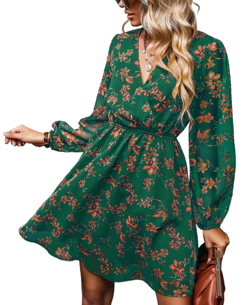 Rona Vestito Mini Dame – Blomsterchiffon, Lange Ærmer & Elegant A-Linje