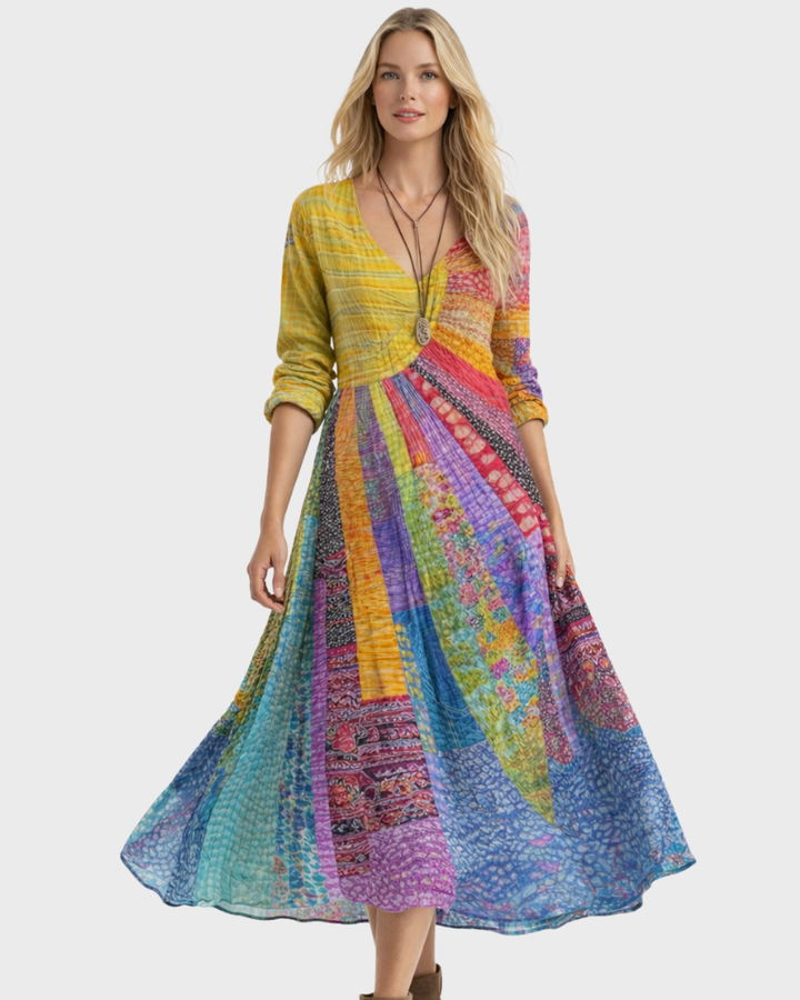 Regina Midi Kjole til Kvinder – Boho Stil, Bomuld-Linned & Elegant V-udskæring