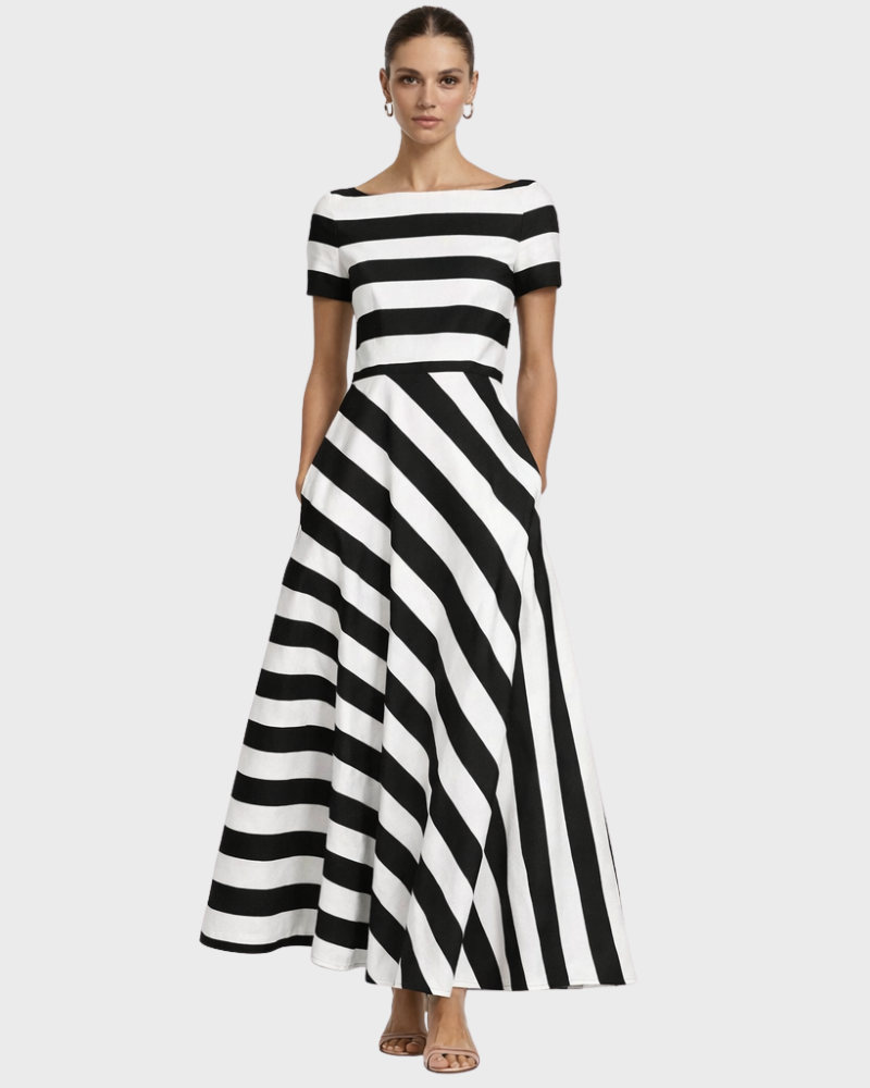 Loras Elegant Women's Striped Dress – Midi Dress with Boat Neck and Pockets