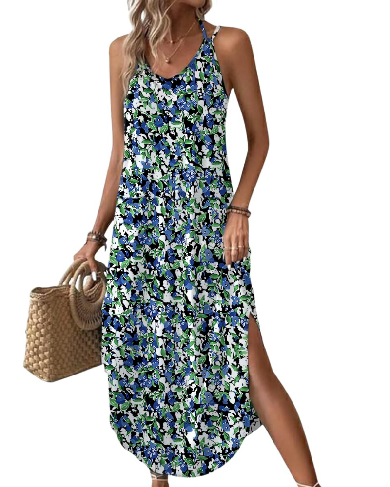 Elena Vestito Maxi Donna – Spalline Sottili, Scollo a V & Oversize con Spacco Estivo