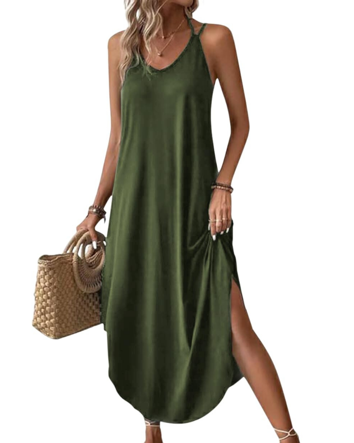 Elena Vestito Maxi Donna – Spalline Sottili, Scollo a V & Oversize con Spacco Estivo
