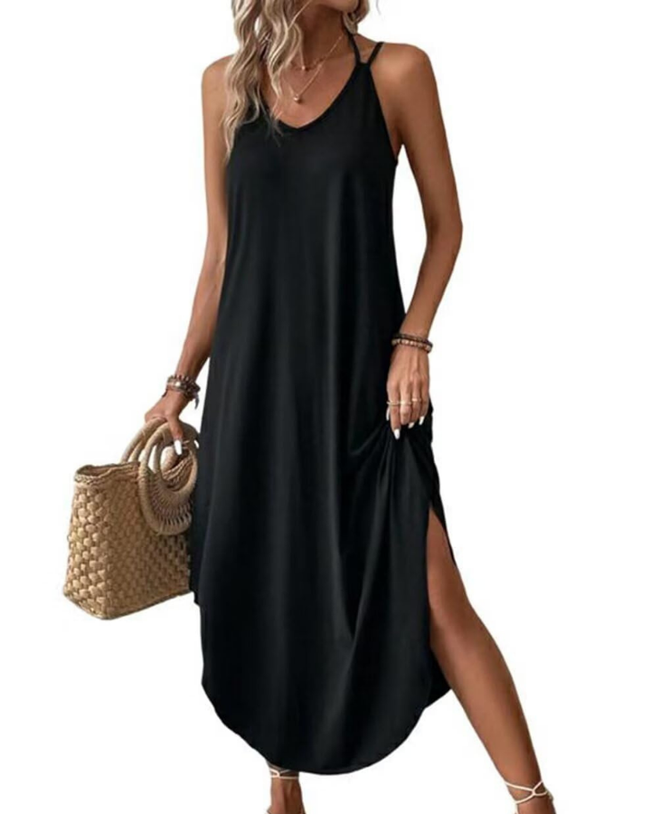 Elena Vestito Maxi Donna – Spalline Sottili, Scollo a V & Oversize con Spacco Estivo