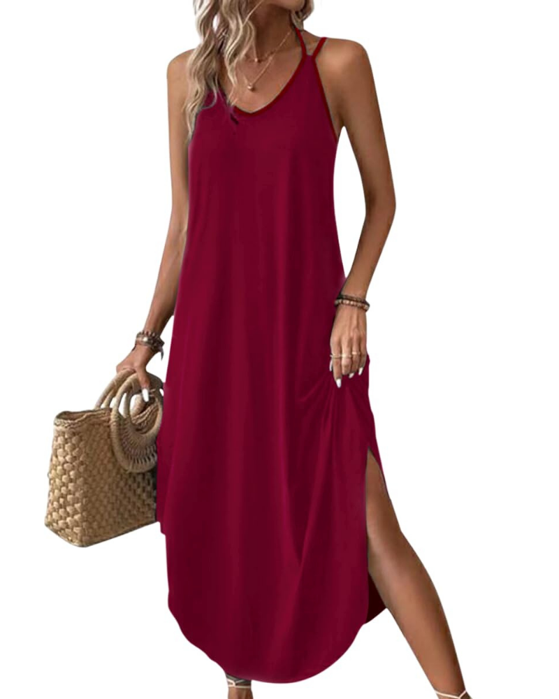 Elena Vestito Maxi Donna – Spalline Sottili, Scollo a V & Oversize con Spacco Estivo