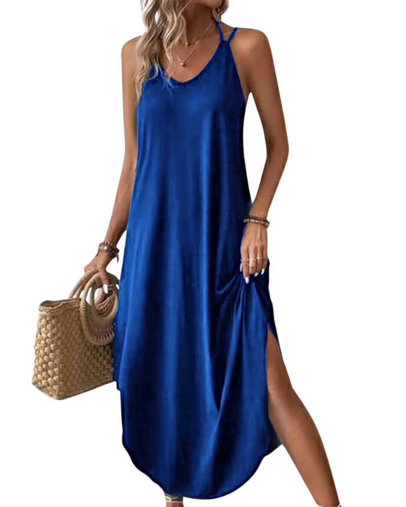 Elena Vestito Maxi Donna – Spalline Sottili, Scollo a V & Oversize con Spacco Estivo