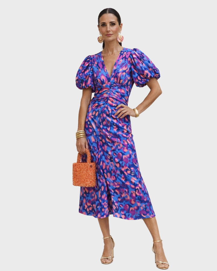 Amanda Abito Donna Primavera Elegante – Šaty s výstřihem do V a nabíranými rukávy